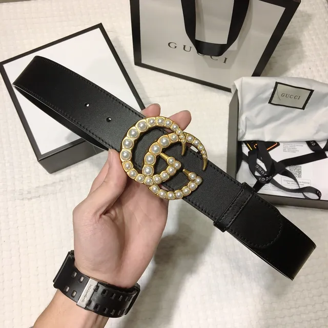 Gucci GG Marmont Pearl-Embellished Gold-Tone Black Leather Belt 4
