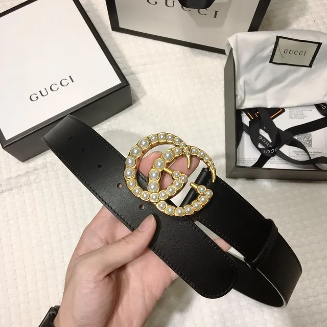 Gucci GG Marmont Pearl-Embellished Gold-Tone Black Leather Belt 6