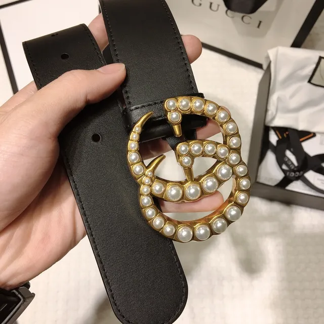 Gucci GG Marmont Pearl-Embellished Gold-Tone Black Leather Belt 8