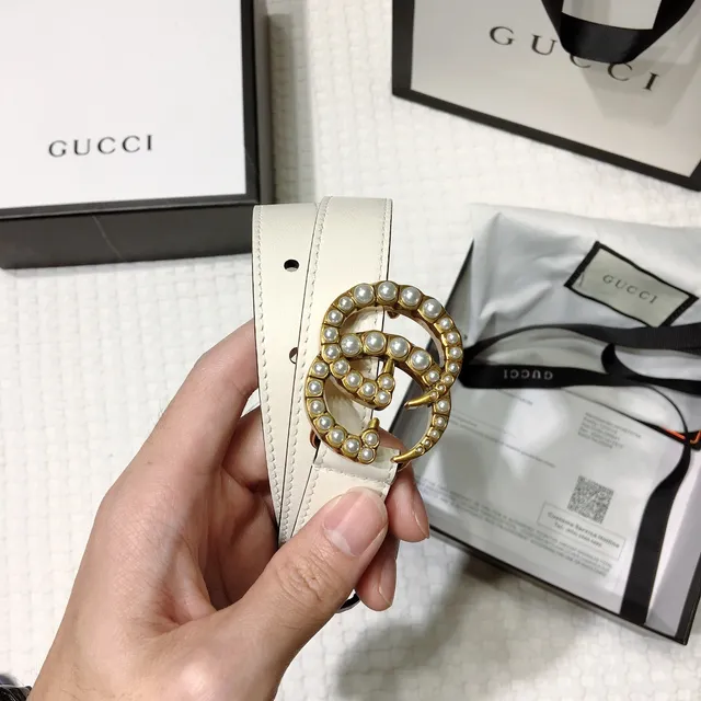 Gucci GG Marmont Pearl-Embellished Off-White Leather Belt 3