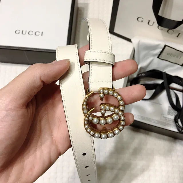 Gucci GG Marmont Pearl-Embellished Off-White Leather Belt 5