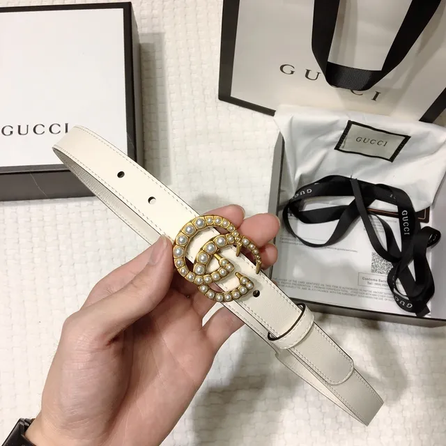 Gucci GG Marmont Pearl-Embellished Off-White Leather Belt 6