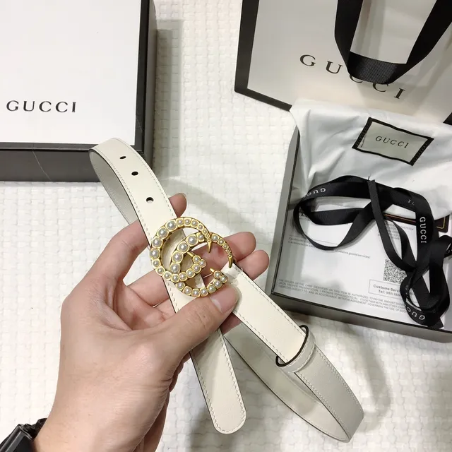 Gucci GG Marmont Pearl-Embellished Off-White Leather Belt 7