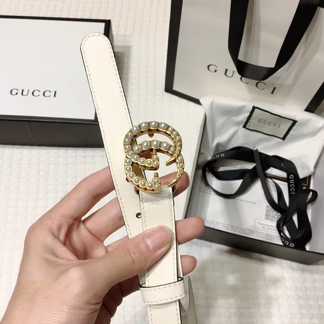Gucci GG Marmont Pearl-Embellished Off-White Leather Belt 8