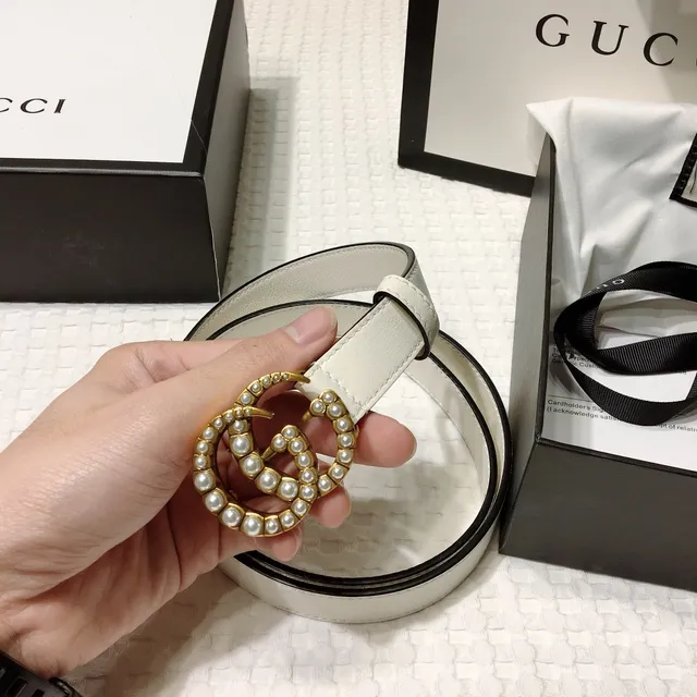 Gucci GG Marmont Pearl-Embellished Off-White Leather Belt 9