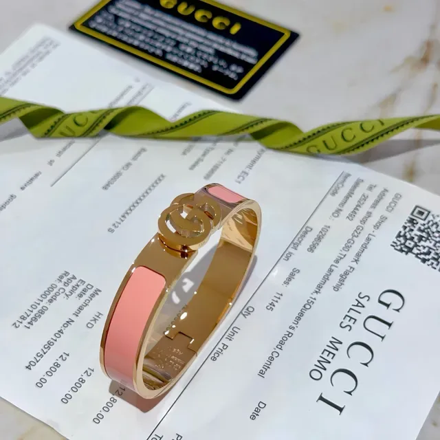 Gucci GG Marmont Pink Enamel Gold-Tone Rigid Bracelet 4