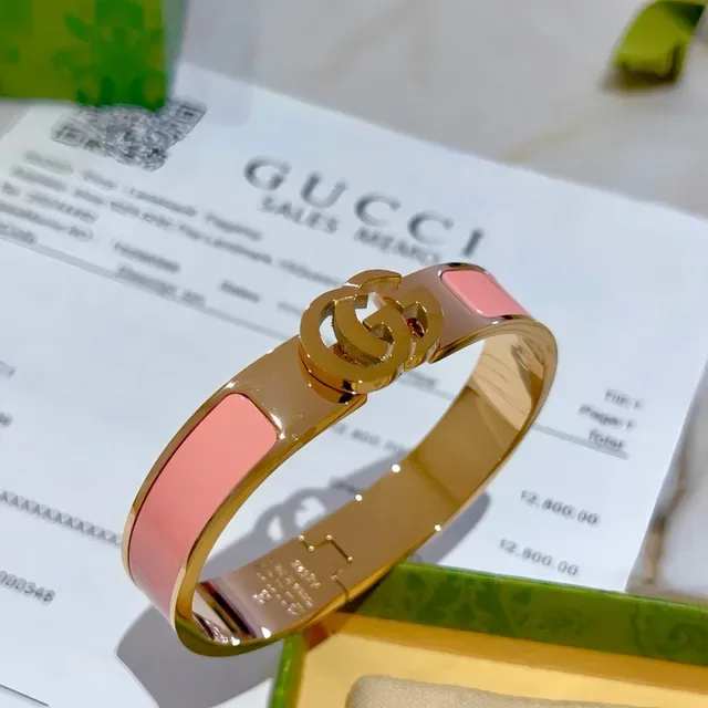Gucci GG Marmont Pink Enamel Gold-Tone Rigid Bracelet 7