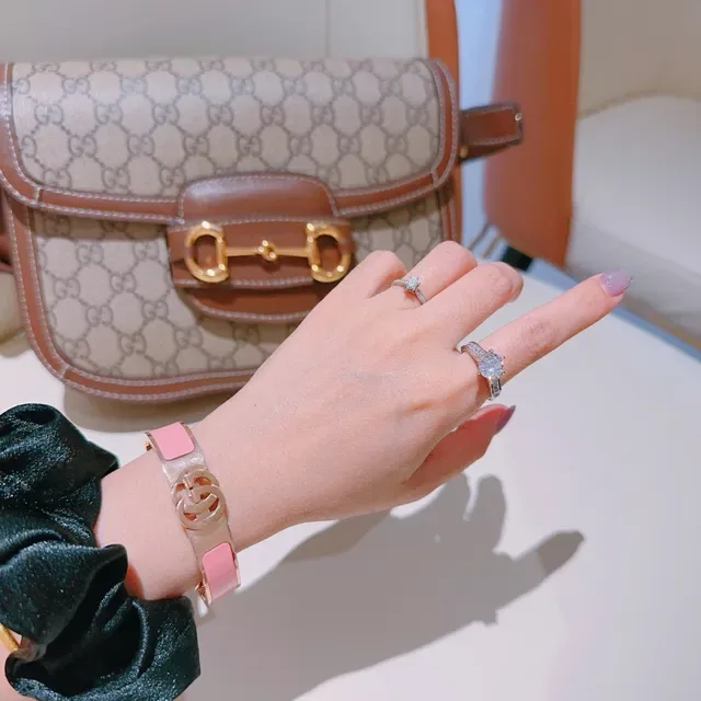 Gucci GG Marmont Pink Enamel Gold-Tone Rigid Bracelet 8