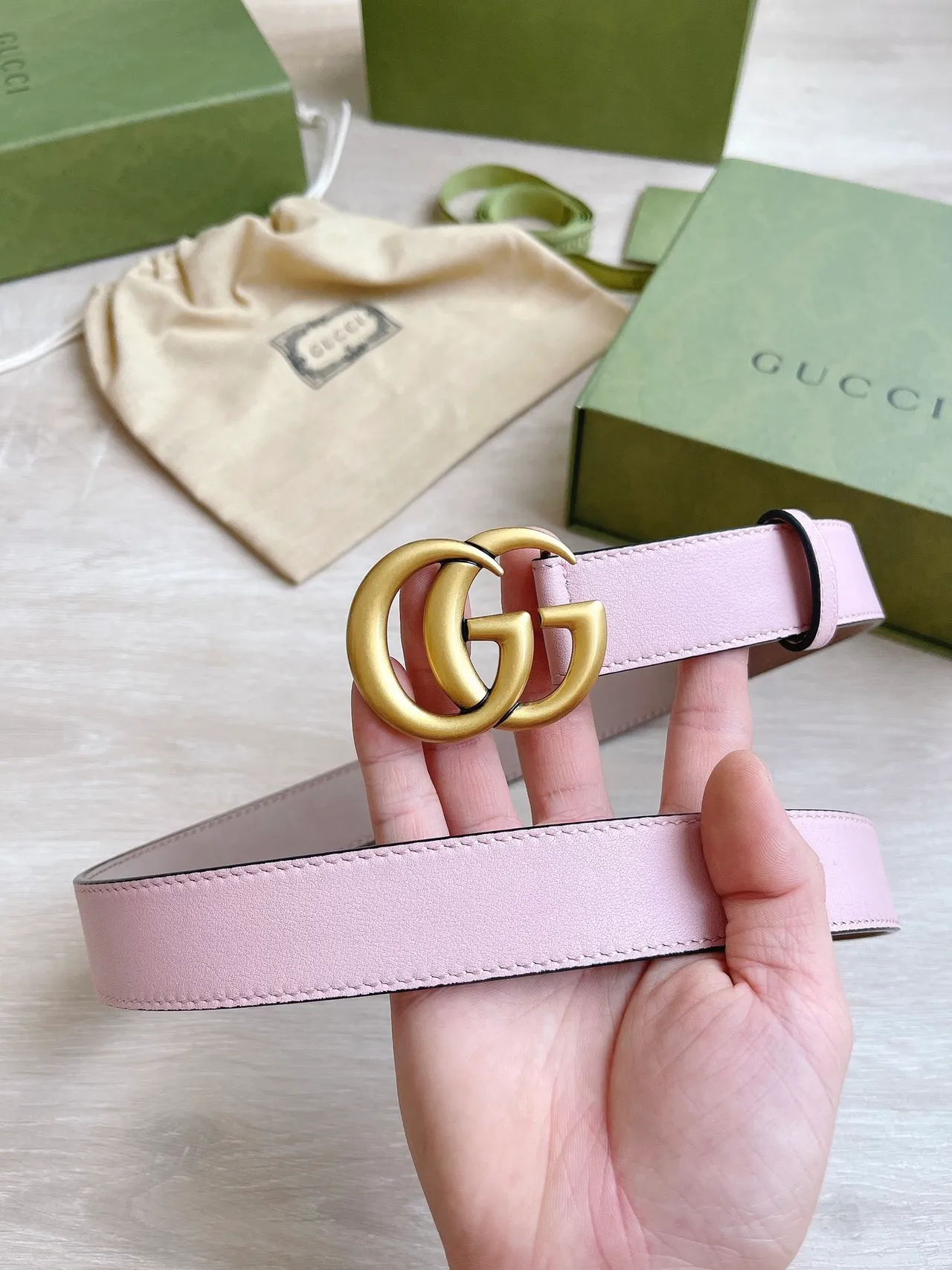Gucci GG Marmont Pink Gold Interlocking Double G Buckle Smooth Pastel Leather Belt 2