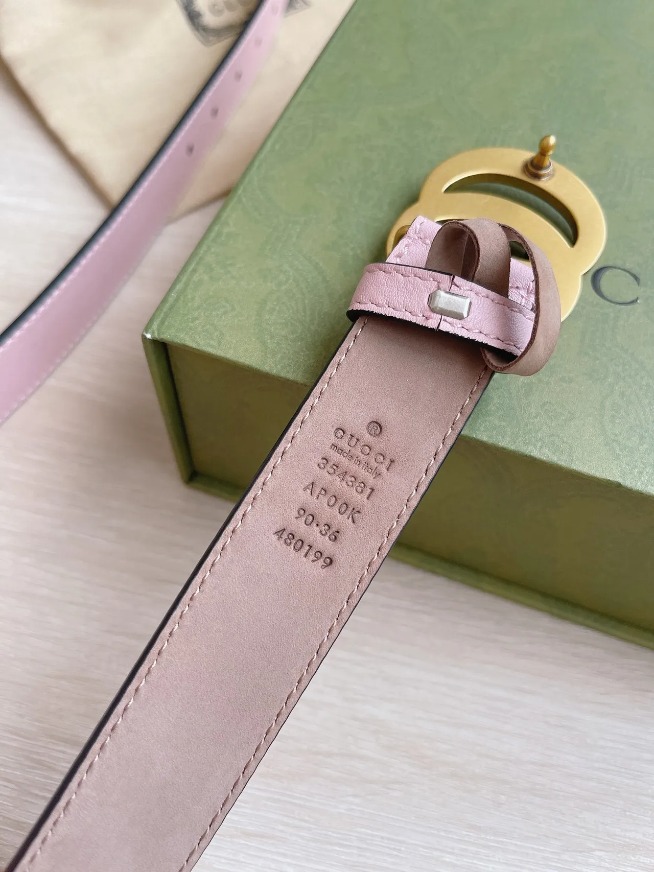 Gucci GG Marmont Pink Gold Interlocking Double G Buckle Smooth Pastel Leather Belt 3