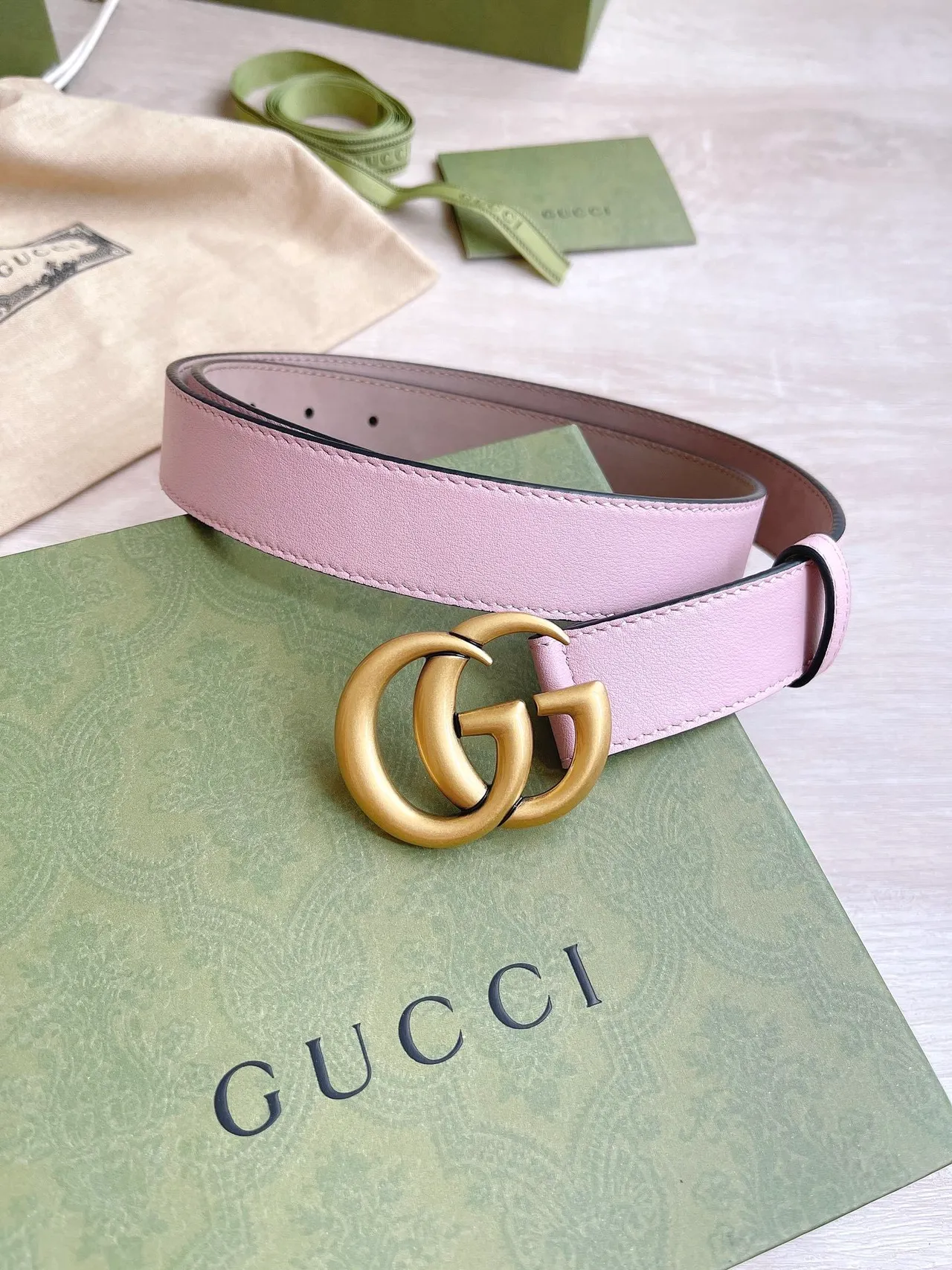 Gucci GG Marmont Pink Gold Interlocking Double G Buckle Smooth Pastel Leather Belt 5