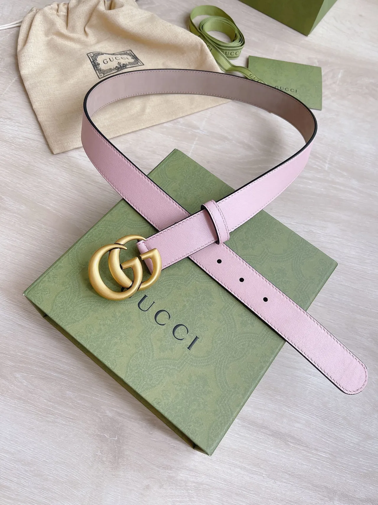 Gucci GG Marmont Pink Gold Interlocking Double G Buckle Smooth Pastel Leather Belt 6
