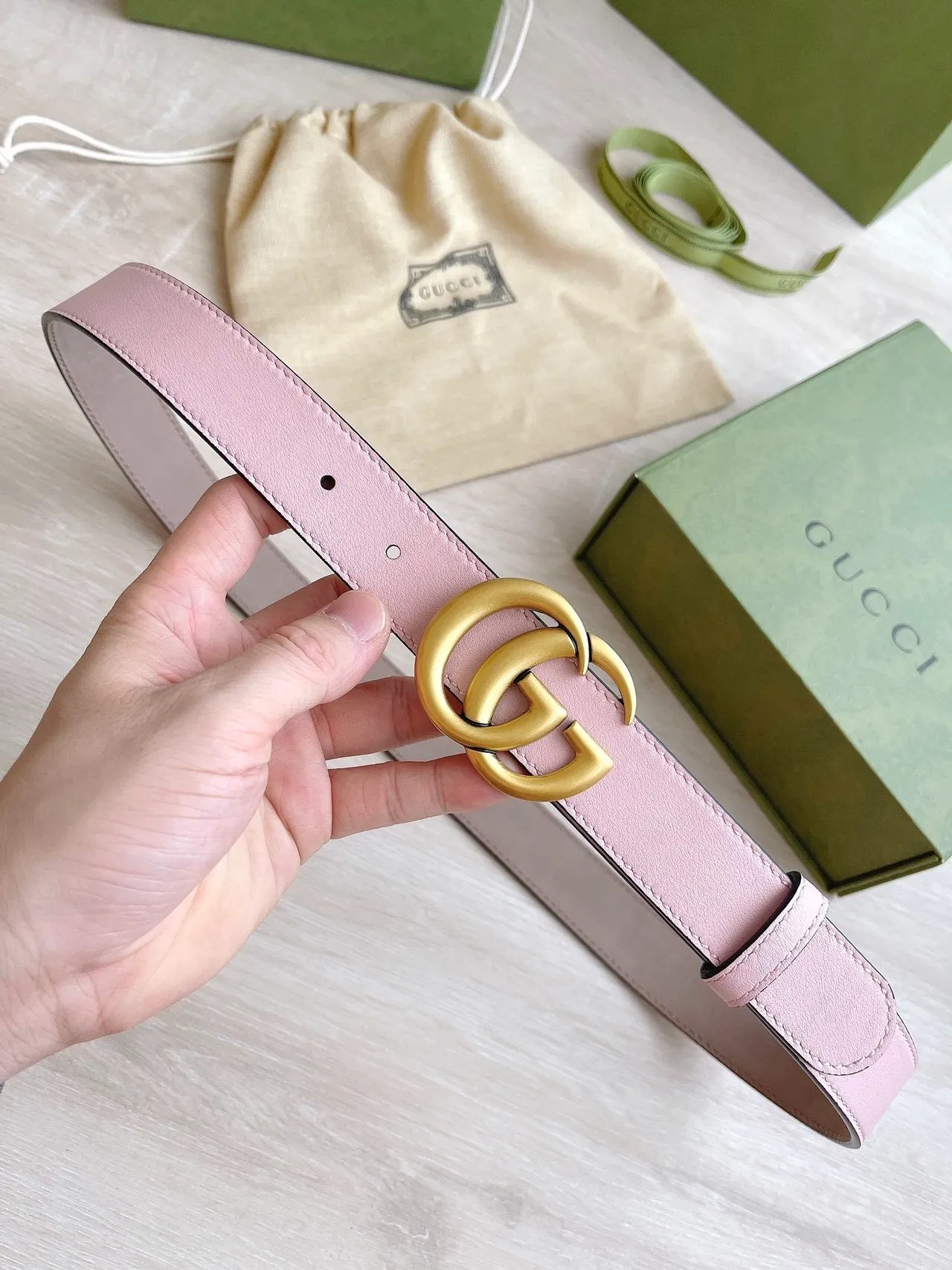 Gucci GG Marmont Pink Gold Interlocking Double G Buckle Smooth Pastel Leather Belt 7