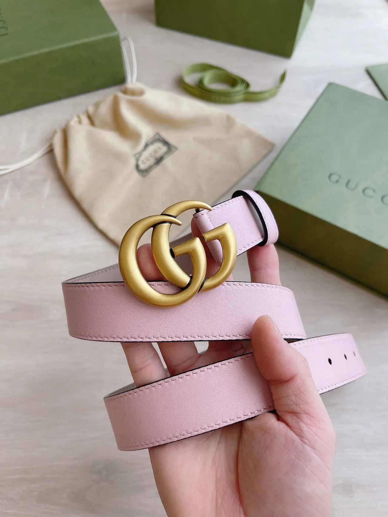 Gucci GG Marmont Pink Gold Interlocking Double G Buckle Smooth Pastel Leather Belt 8