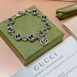 Gucci GG Marmont Silver Black Interlocking G-Link Rope-Edge Detailing Bracelet