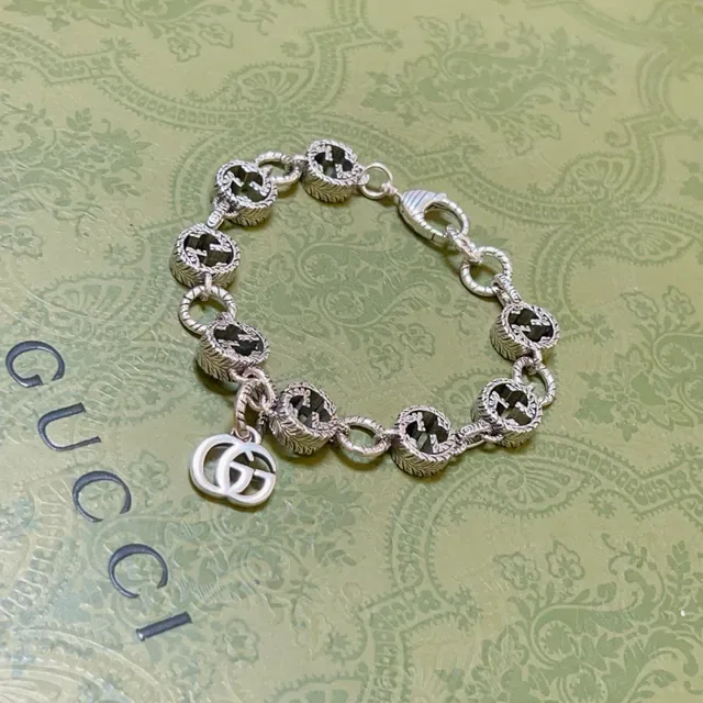 Gucci GG Marmont Silver Black Interlocking G-Link Rope-Edge Detailing Bracelet 2