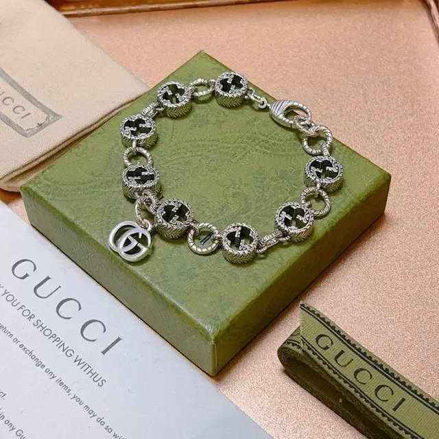 Gucci GG Marmont Silver Black Interlocking G-Link Rope-Edge Detailing Bracelet 4