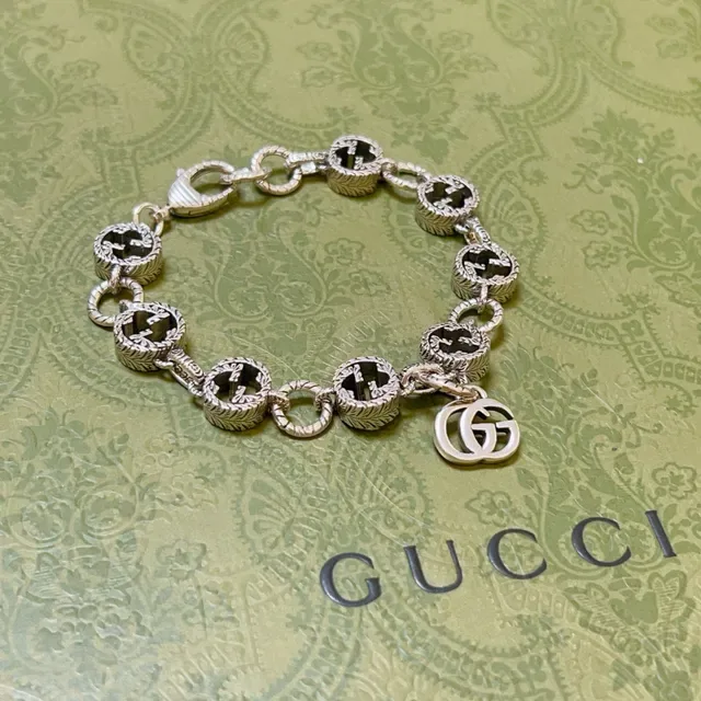Gucci GG Marmont Silver Black Interlocking G-Link Rope-Edge Detailing Bracelet 6