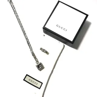 Gucci GG Marmont Silver Black Square Pendant Interlocking G Motif Necklace