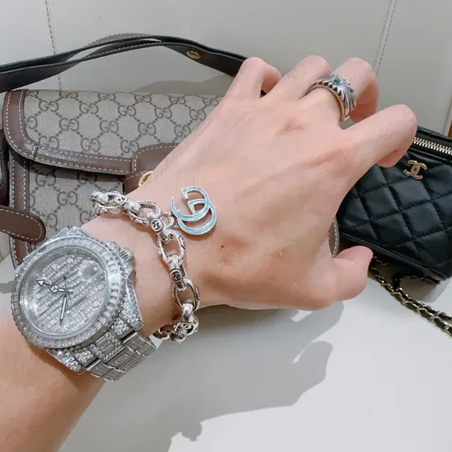 Gucci GG Marmont Silver Blue Chunky Curb Chain Interlocking G Motifs Bracelet 2