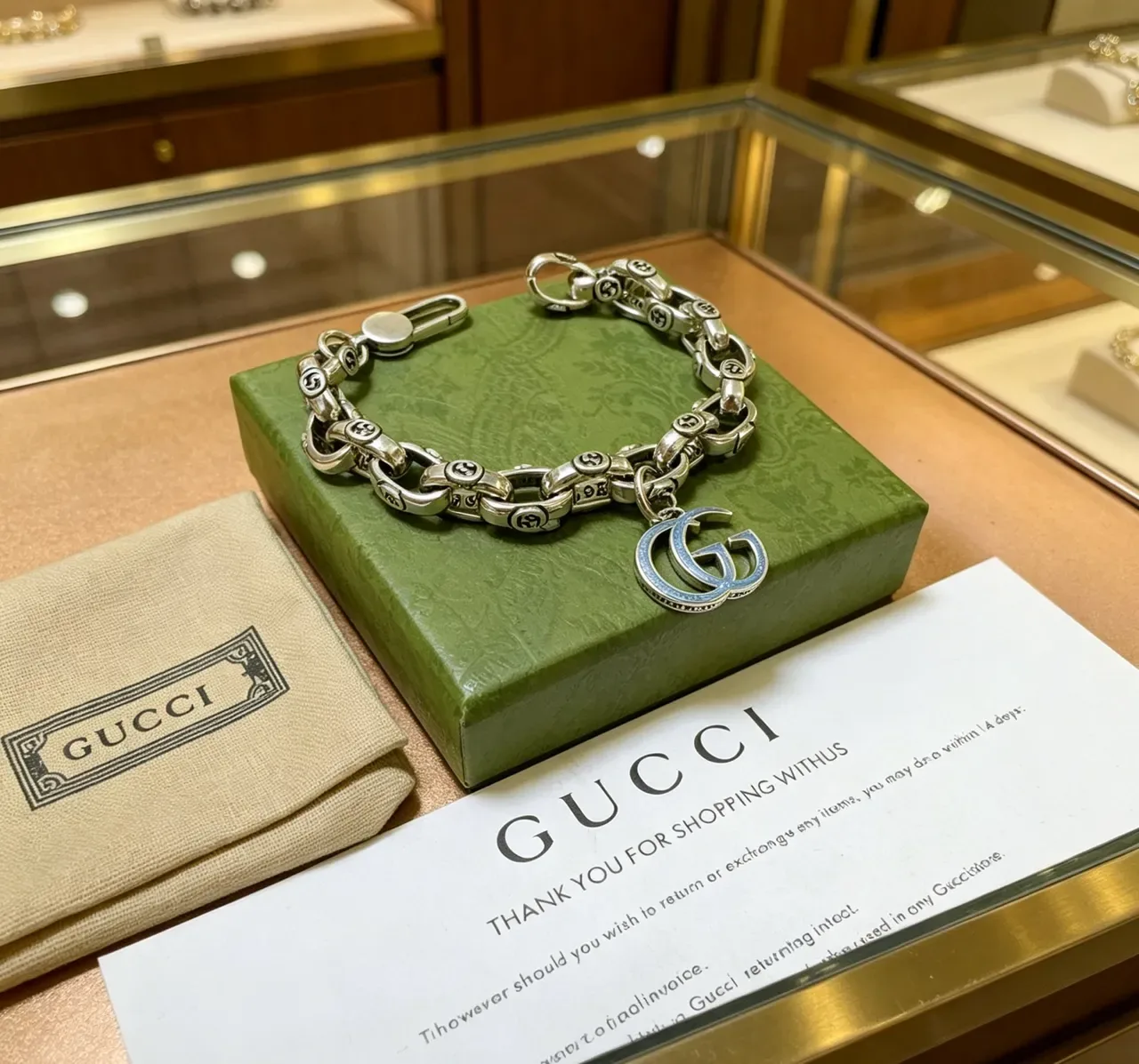Gucci GG Marmont Silver Blue Chunky Curb Chain Interlocking G Motifs Bracelet 3