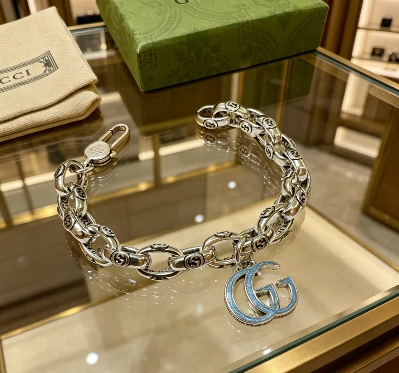 Gucci GG Marmont Silver Blue Chunky Curb Chain Interlocking G Motifs Bracelet 4