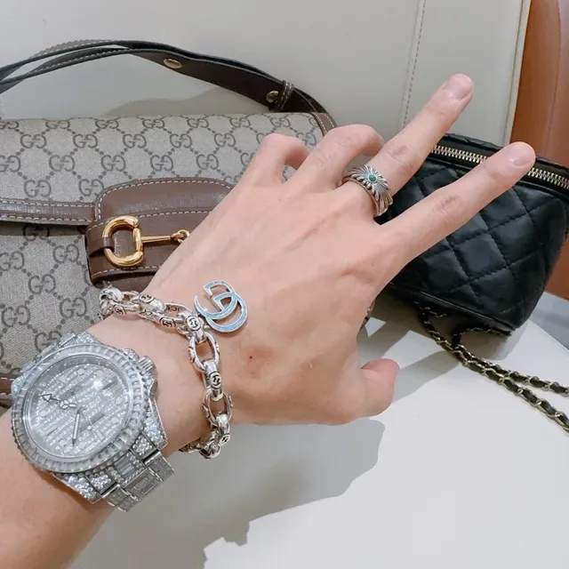 Gucci GG Marmont Silver Blue Chunky Curb Chain Interlocking G Motifs Bracelet 5