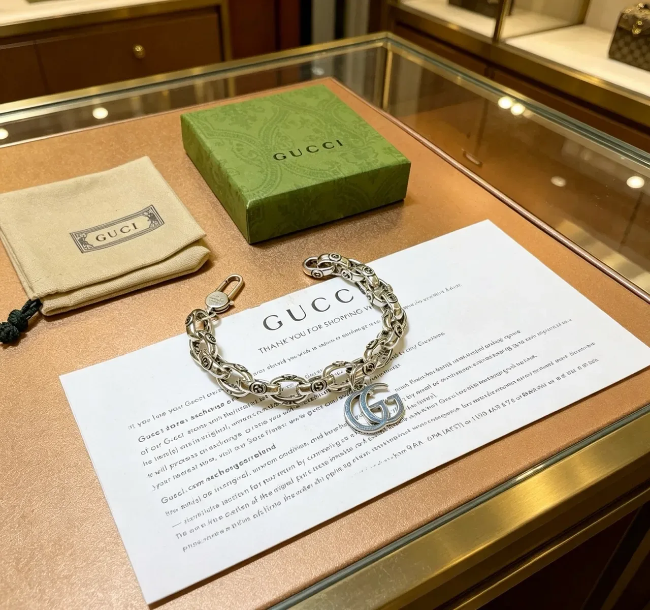 Gucci GG Marmont Silver Blue Chunky Curb Chain Interlocking G Motifs Bracelet 6