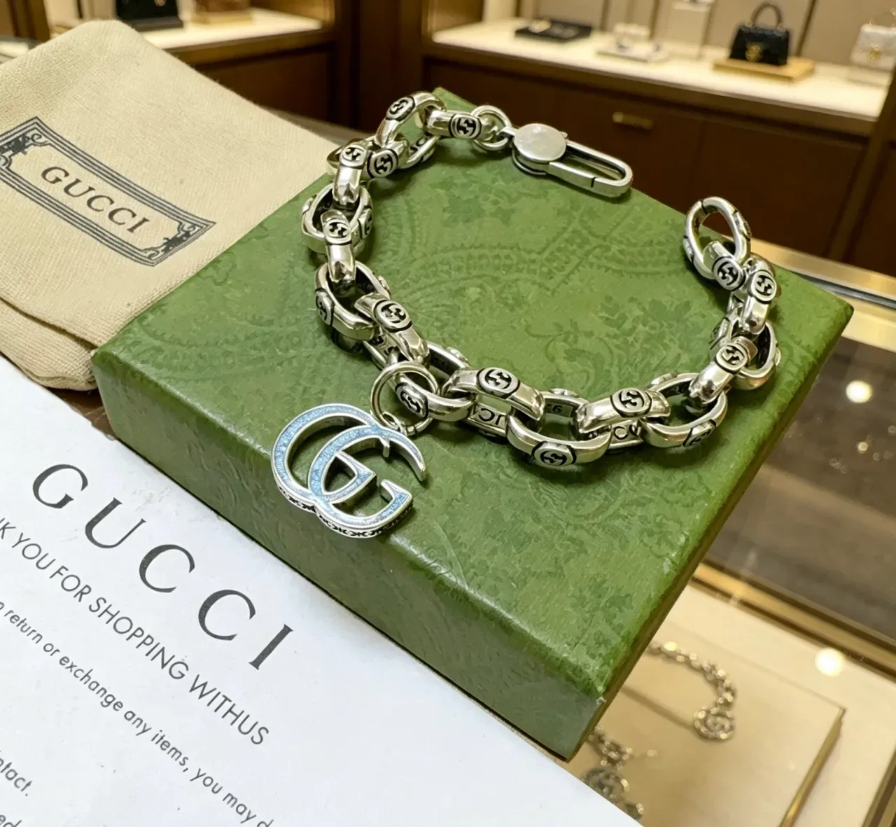 Gucci GG Marmont Silver Blue Chunky Curb Chain Interlocking G Motifs Bracelet 7