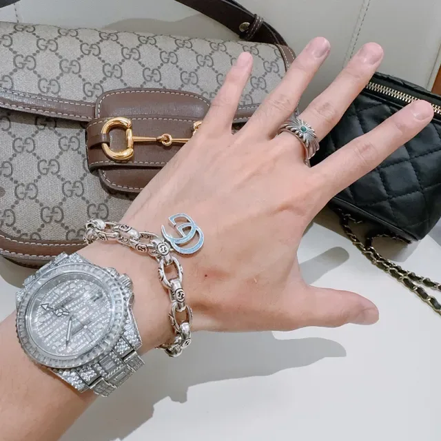 Gucci GG Marmont Silver Blue Chunky Curb Chain Interlocking G Motifs Bracelet 8