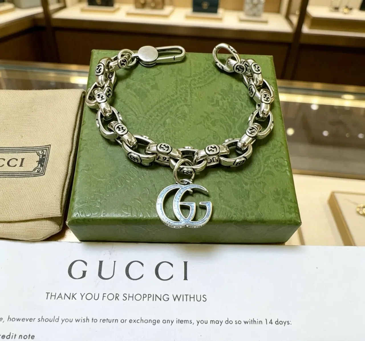 Gucci GG Marmont Silver Blue Chunky Curb Chain Interlocking G Motifs Bracelet 9