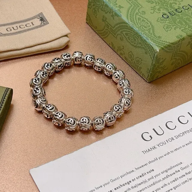 Gucci GG Marmont Argent Vert Perles Sphériques Motif G Entrelacé Bracelet 2