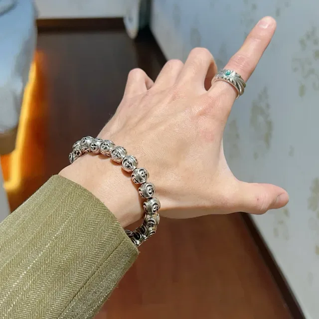 Gucci GG Marmont Argent Vert Perles Sphériques Motif G Entrelacé Bracelet 3