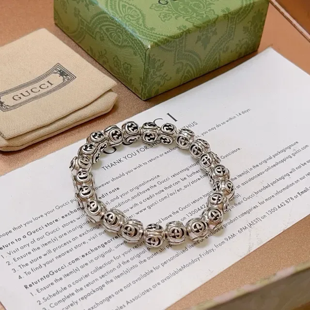 Gucci GG Marmont Argent Vert Perles Sphériques Motif G Entrelacé Bracelet 5