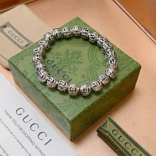 Gucci GG Marmont Argent Vert Perles Sphériques Motif G Entrelacé Bracelet 6