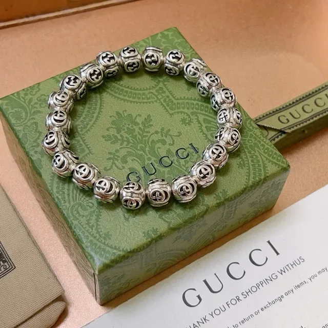 Gucci GG Marmont Argent Vert Perles Sphériques Motif G Entrelacé Bracelet 9