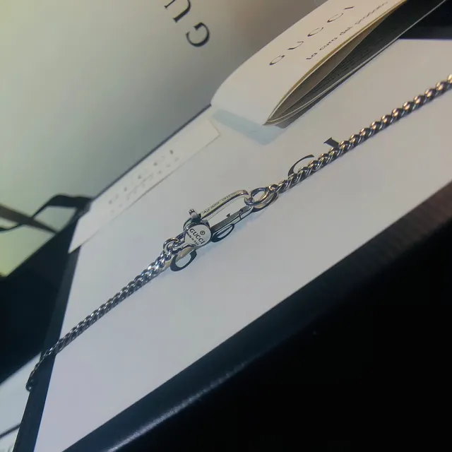 Gucci GG Marmont Silver White Rectangular Pendant Interlocking Motif Necklace 3