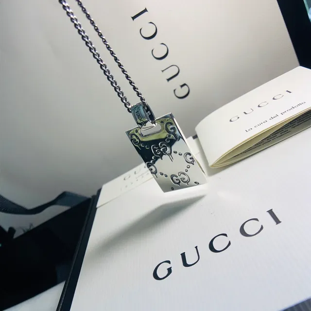 Gucci GG Marmont Silver White Rectangular Pendant Interlocking Motif Necklace 4