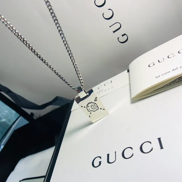 Gucci GG Marmont Silver White Rectangular Pendant Interlocking Motif Necklace 5