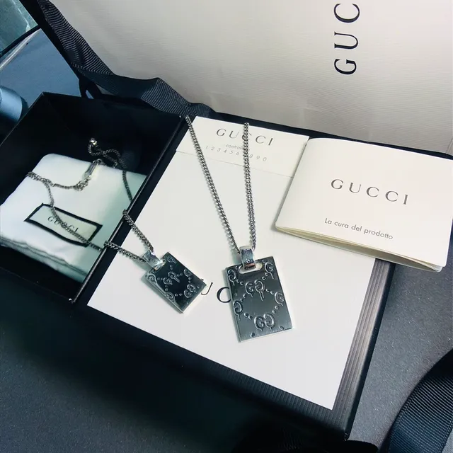 Gucci GG Marmont Silver White Rectangular Pendant Interlocking Motif Necklace 6