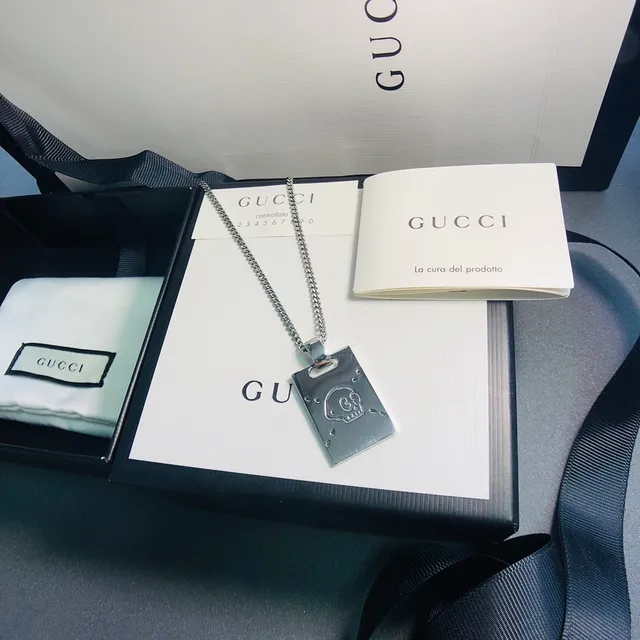 Gucci GG Marmont Silver White Rectangular Pendant Interlocking Motif Necklace 7