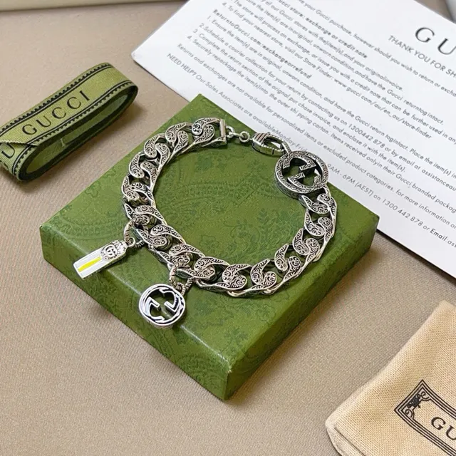 Gucci GG Marmont Prata Amarelo Ornado Gravado Corrente Curb-Link Motivos G Entrelaçados Pulseira 3