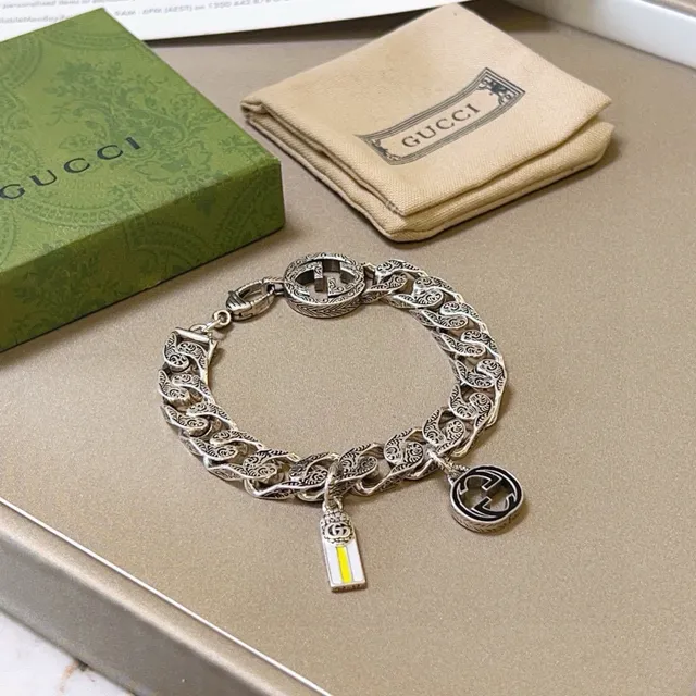 Gucci GG Marmont Prata Amarelo Ornado Gravado Corrente Curb-Link Motivos G Entrelaçados Pulseira 4