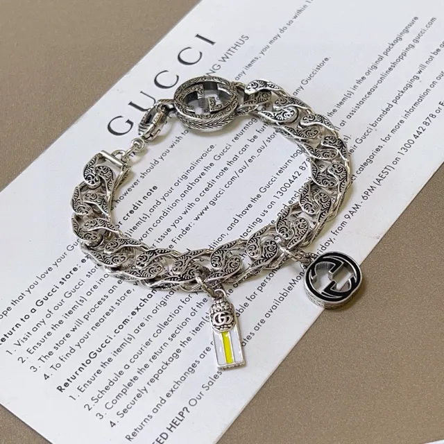 Gucci GG Marmont Prata Amarelo Ornado Gravado Corrente Curb-Link Motivos G Entrelaçados Pulseira 6