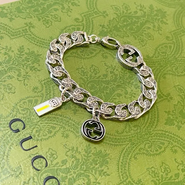Gucci GG Marmont Prata Amarelo Ornado Gravado Corrente Curb-Link Motivos G Entrelaçados Pulseira 7