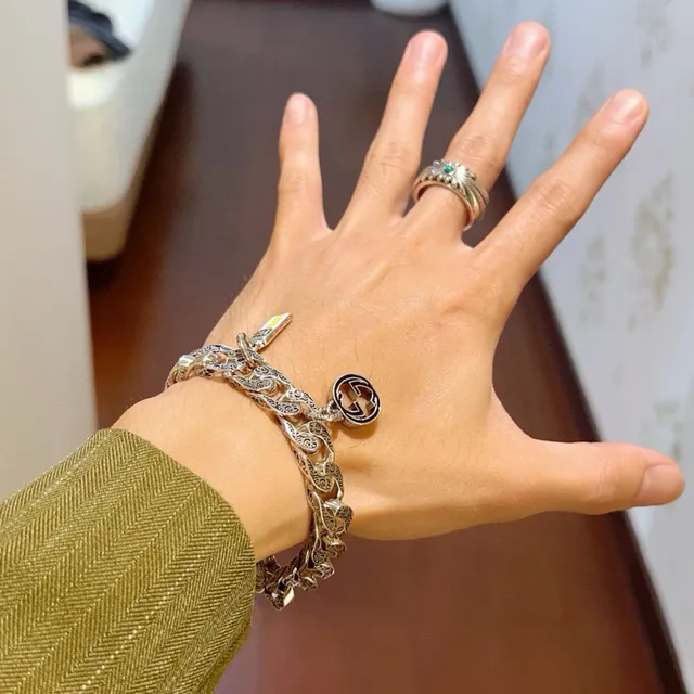 Gucci GG Marmont Prata Amarelo Ornado Gravado Corrente Curb-Link Motivos G Entrelaçados Pulseira 8