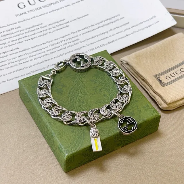 Gucci GG Marmont Prata Amarelo Ornado Gravado Corrente Curb-Link Motivos G Entrelaçados Pulseira 9
