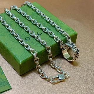 Gucci GG 银绿色互锁 G-Link 链 氧化面 项链