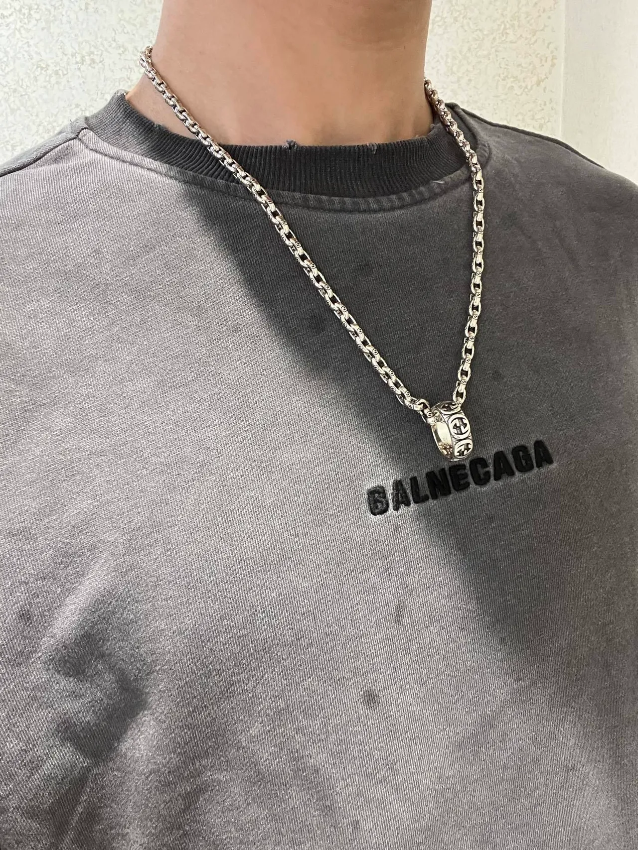 Gucci GG Silver Green Interlocking G-Link Chain Oxidized Finish Necklace 5