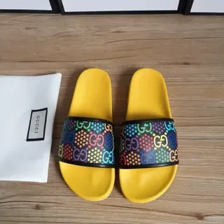 Gucci GG Strap Slide Yellow Multicolor Bright Molded Sole Interlocking Slippers